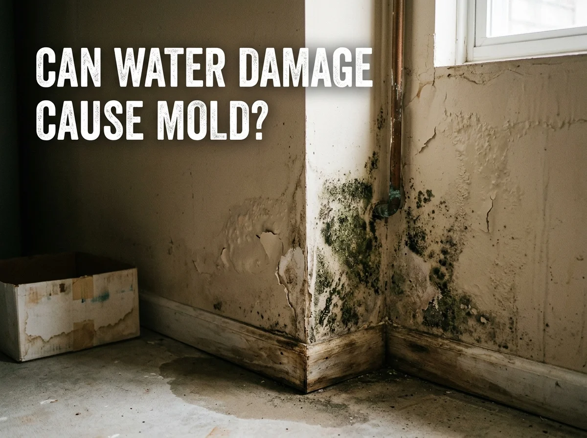 Mold growing on water-damaged basement walls near a leaking pipe