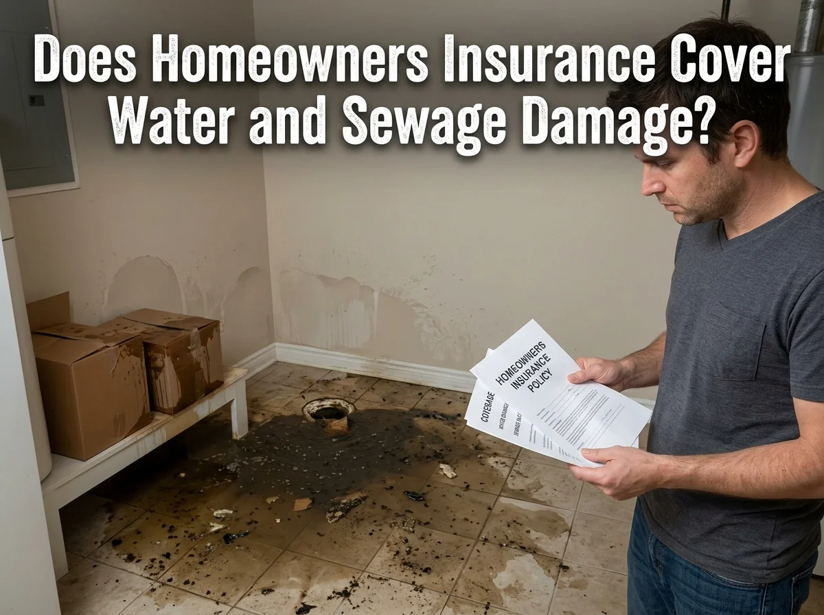 Homeowner reviewing insurance policy after water and sewage damage in a basement