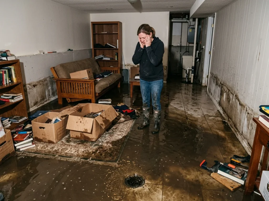 Homeowner overwhelmed by flooded basement with sewage backup damage
