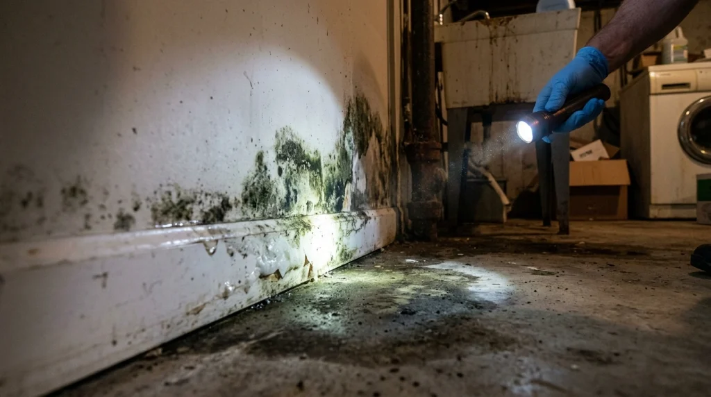 Gloved hand with flashlight inspecting black mold and water damage on basement wall after sewage backup