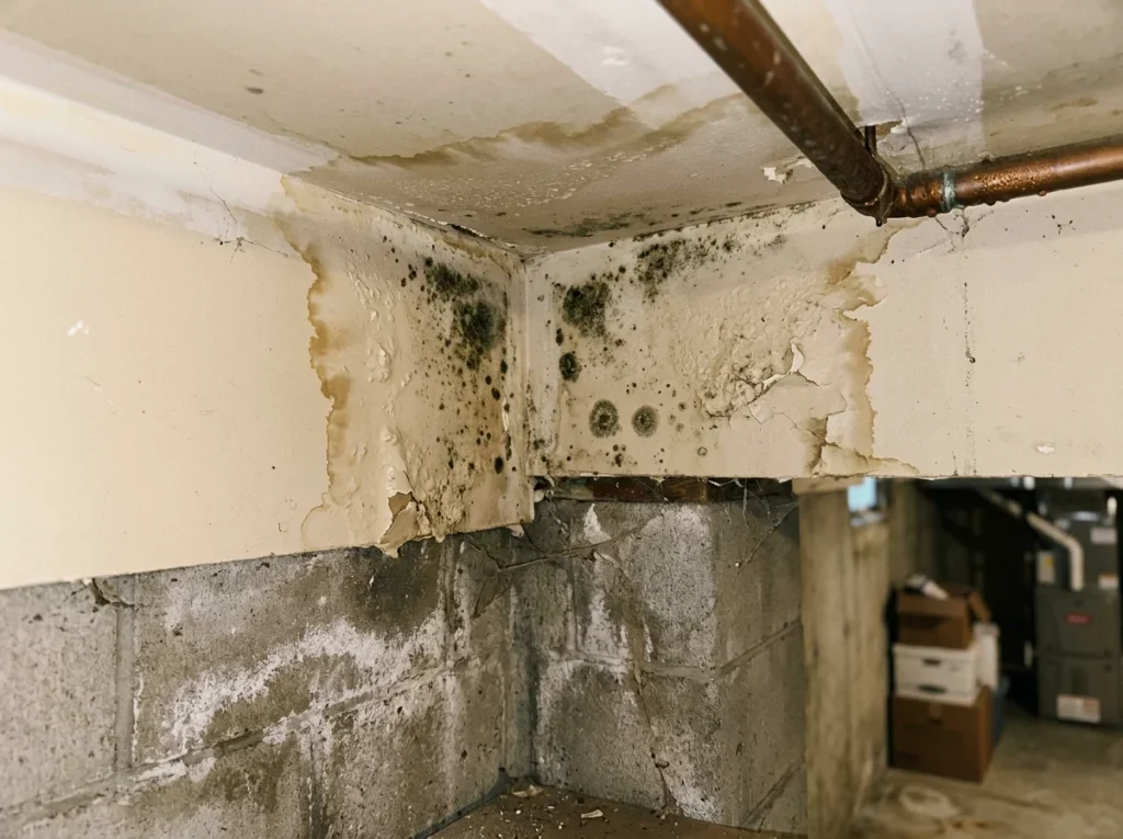 Mold and water damage on basement walls and ceiling near exposed plumbing.