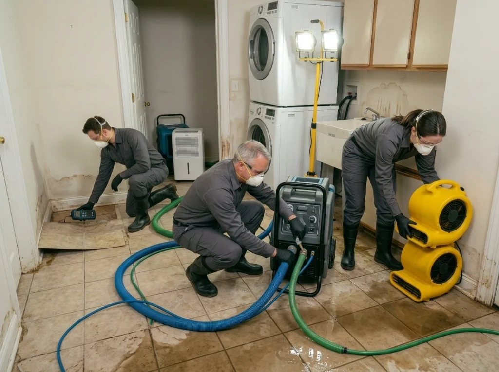 Water damage restoration crew extracting water from a flooded laundry room floor
