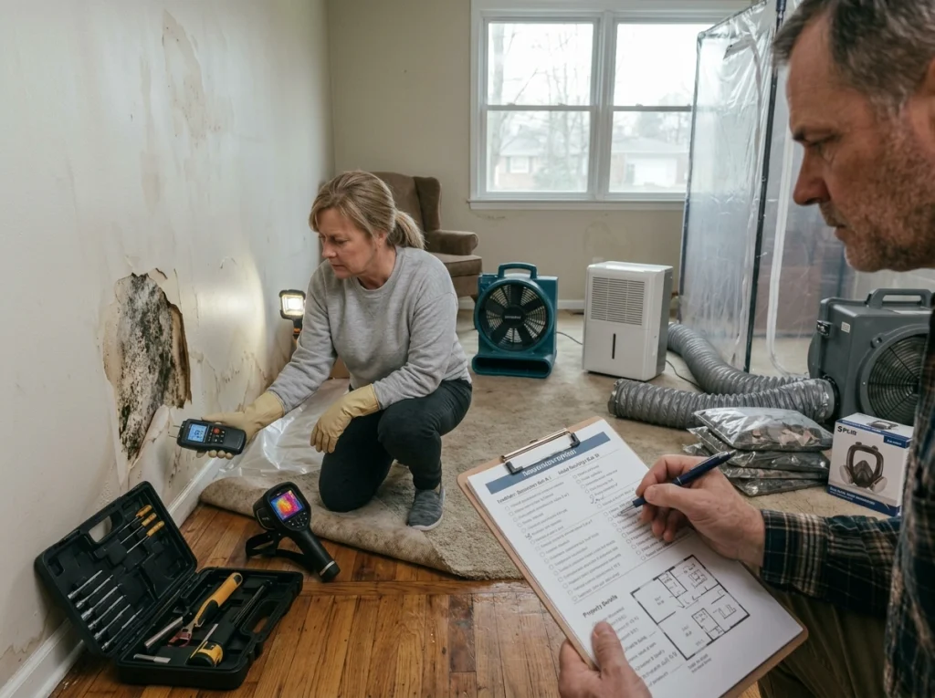 Mold inspection with moisture meter and thermal camera on water-damaged wall
