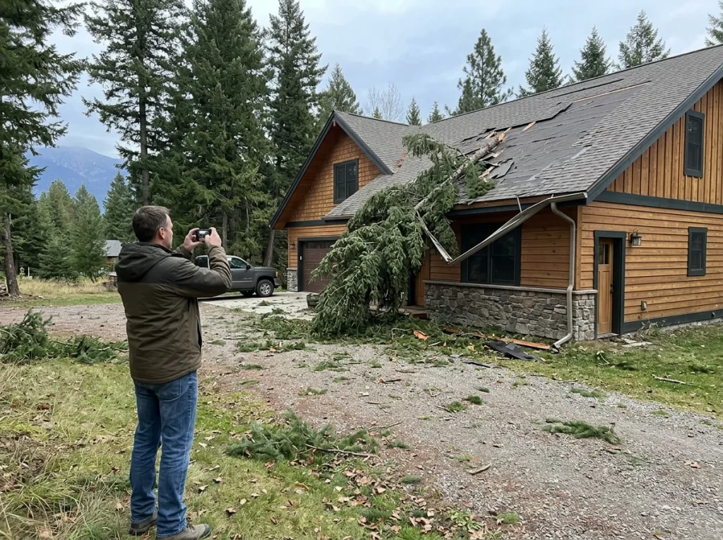 A homeowner takes photos of a fallen tree that has damaged his roof and gutters, demonstrating the documentation step that helps ensure a successful insurance claim after wind damage.