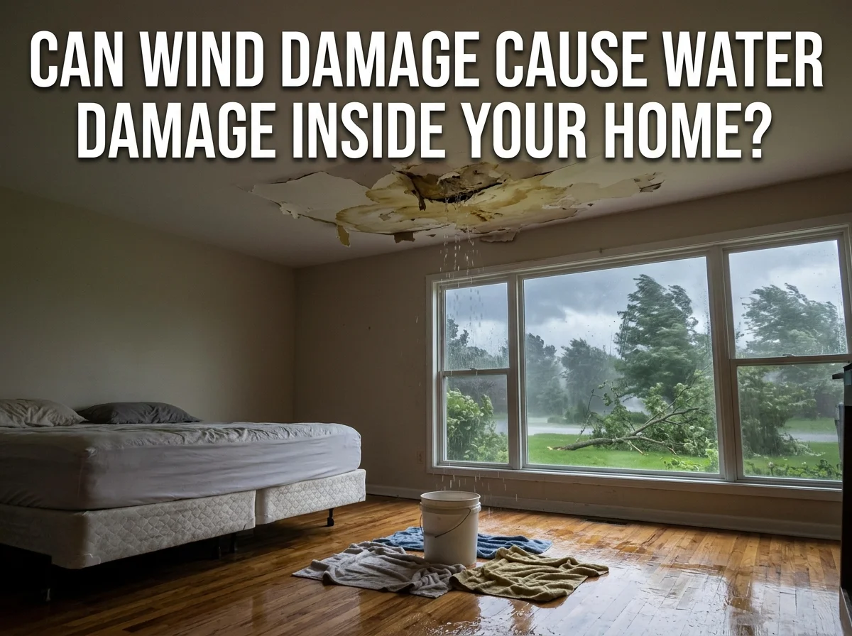Wind damage causing interior water damage: A storm outside a large window with a fallen branch, while water leaks through a collapsed ceiling inside a residential bedroom.