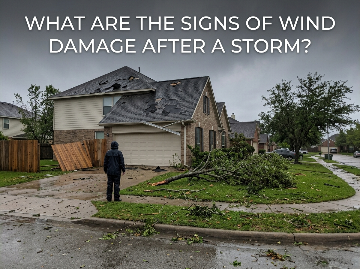 Storm-damaged residential home with missing roof shingles, fallen tree branches, broken fencing, and debris scattered across the yard after strong winds.