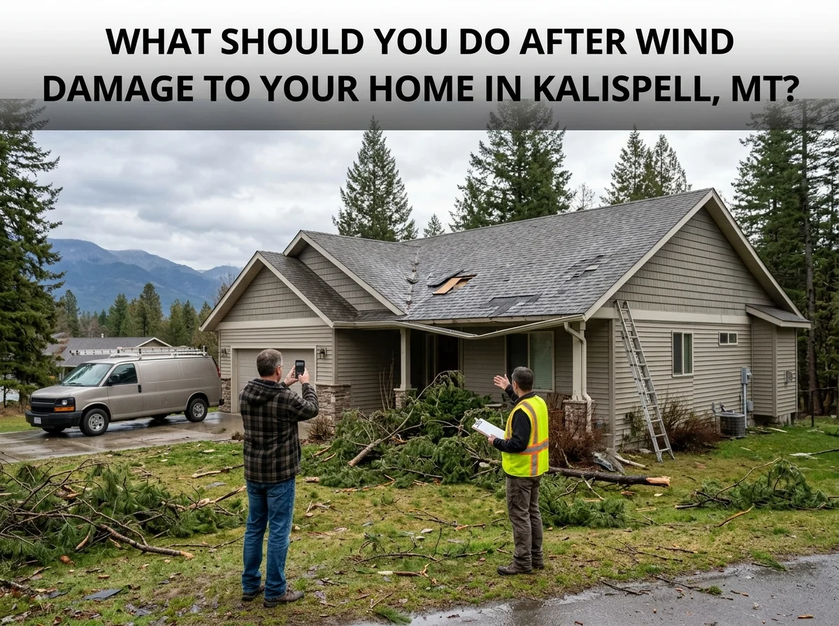 Wind damage assessment in Kalispell, MT: A homeowner takes photos of a damaged roof while a contractor in a safety vest records notes, with storm debris and a ladder visible at the house.