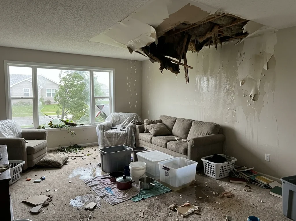 A wide view of a flooded living room with a large hole in the ceiling exposing structural beams and insulation, water streaks down the walls, and plastic storage bins placed to manage leaking water after a severe storm.